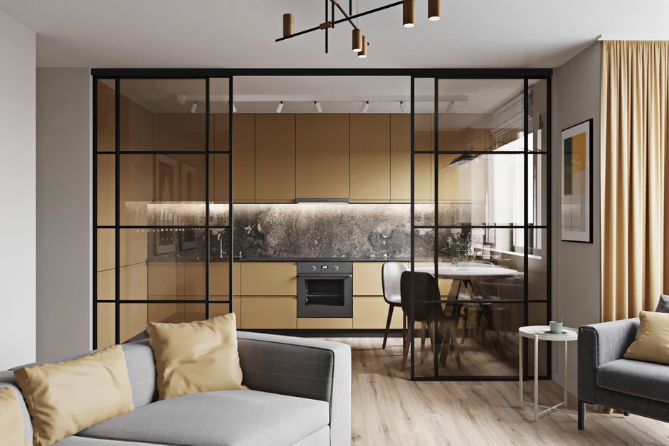 Фотография: Гостиная в стиле Современный, Скандинавский, Квартира, Проект недели, Желтый, Серый, Артем Габриэльян, Кирпичный дом, 3 комнаты, 60-90 метров, Дублин – фото на INMYROOM