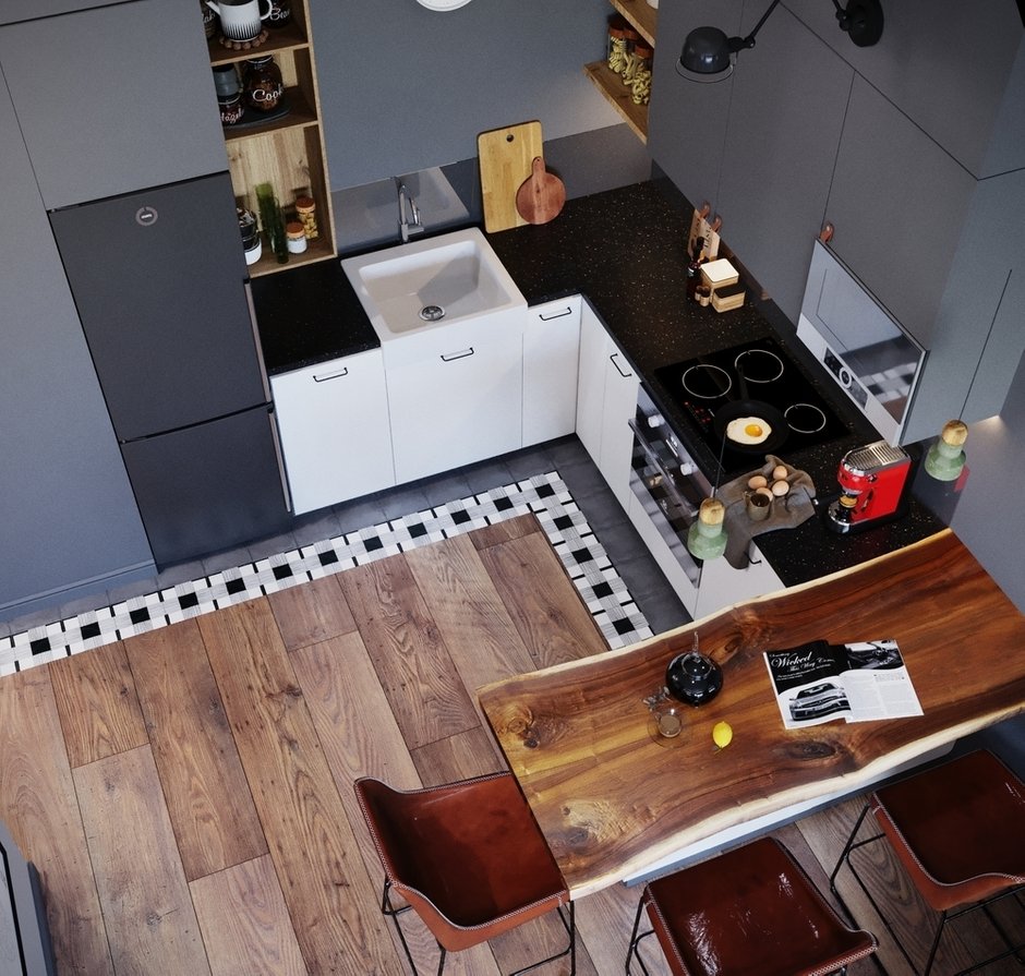 Фотография: Кухня и столовая в стиле Современный, Лофт, Скандинавский, Квартира, Студия, Проект дня, Красногорск, 40-60 метров, Монолитно-кирпичный, Студия 20:18, ЖК «Спасский мост» – фото на INMYROOM