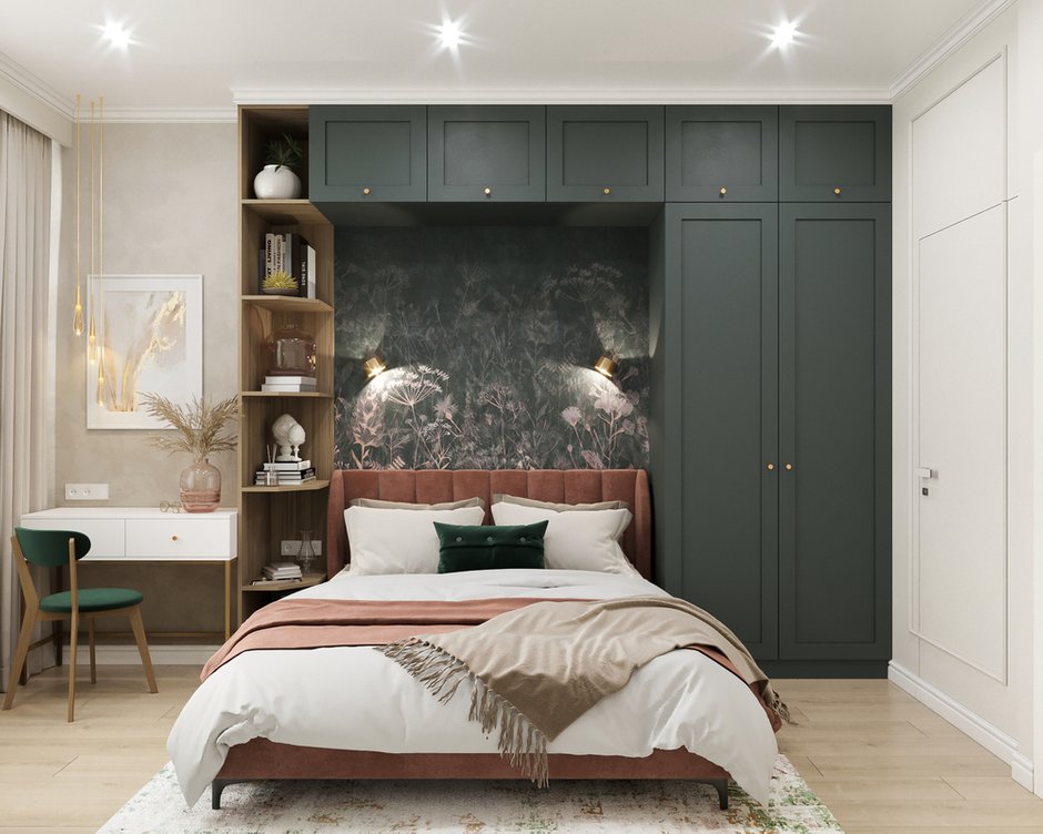 В мастер-спальне хотелось создать атмосферу спокойствия, располагающую к отдыху.