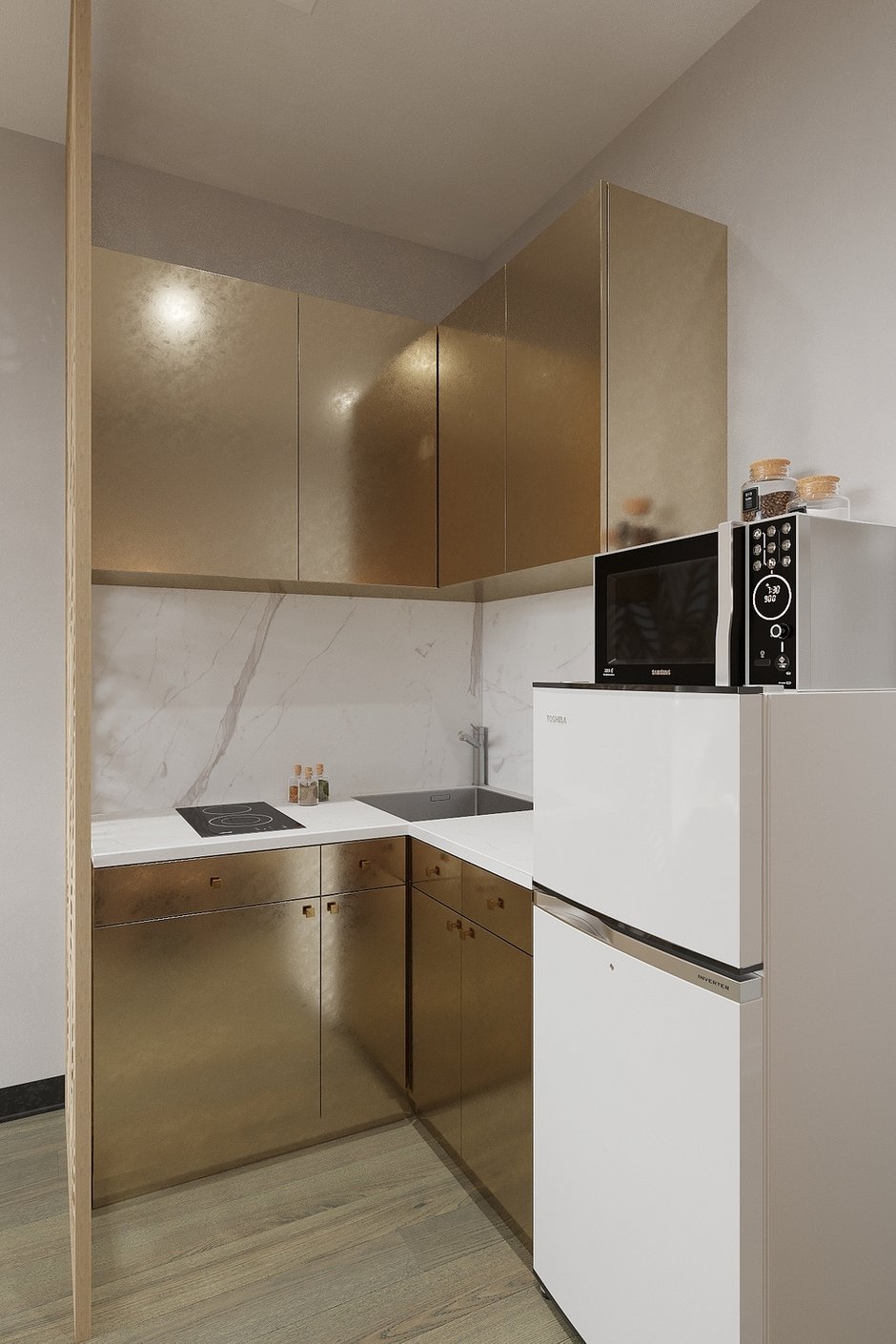 Кухня спроектирована с золотистыми фасадами, что делает ее не просто утилитарным предметом интерьера, но настоящим арт-объектом.