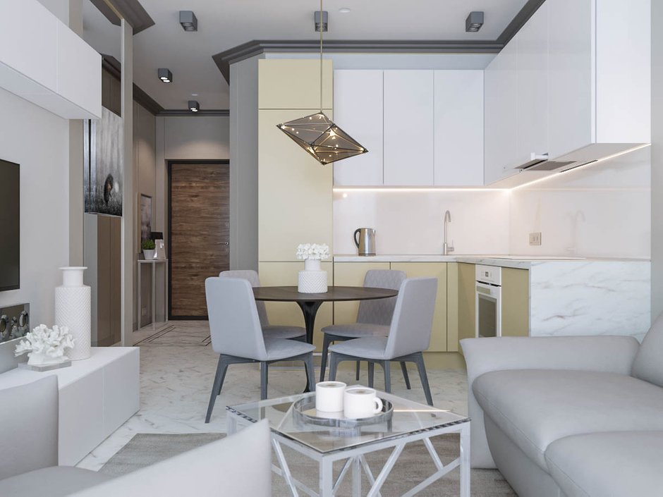 Фотография: Кухня и столовая в стиле Современный, Квартира, Проект недели, Москва, Яна Волкова, Юрий Волков, Студия Волковых, 2 комнаты, 40-60 метров, Монолитно-кирпичный, ЖК «Лайнер» – фото на INMYROOM