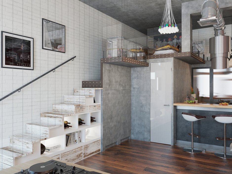 Фотография: Кухня и столовая в стиле Лофт, Квартира, Проект недели, Москва, Дарья Ухлинова, Кирпичный дом, 1 комната, 40-60 метров, ЖК Depre Loft – фото на INMYROOM