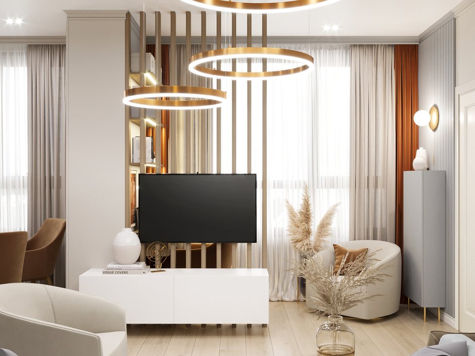 Ни в одной из спален нет телевизора, это сделано намеренно — хозяева квартиры будут собираться вместе в гостиной и проводить вечера за просмотром любимых фильмов.