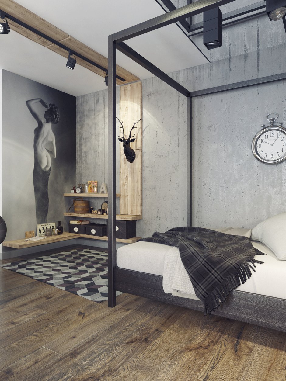 Фотография: Спальня в стиле Лофт, Квартира, Планировки, Аксессуары, Bober & Decor, Loft Art, Vita, Мебель и свет, Проект недели, ИКЕА, Подмосковье, Филипп Шутов, Екатерина Шутова, KAMROCK, Cosmorelax, LG, Markslojd, Мытищи, Ля Нэж, Дива, Полимерметалл, Progress Plast, Termosmart, IFO, Melana, Rondine Group RHS, Halcon, Samsung, Moonzana, Apavisa, Prof Decor, Art Shutters, Letta, Perspective, студия для холостяка, лофт в Мытищах, амбарные двери, квартира изогнутой формы – фото на INMYROOM