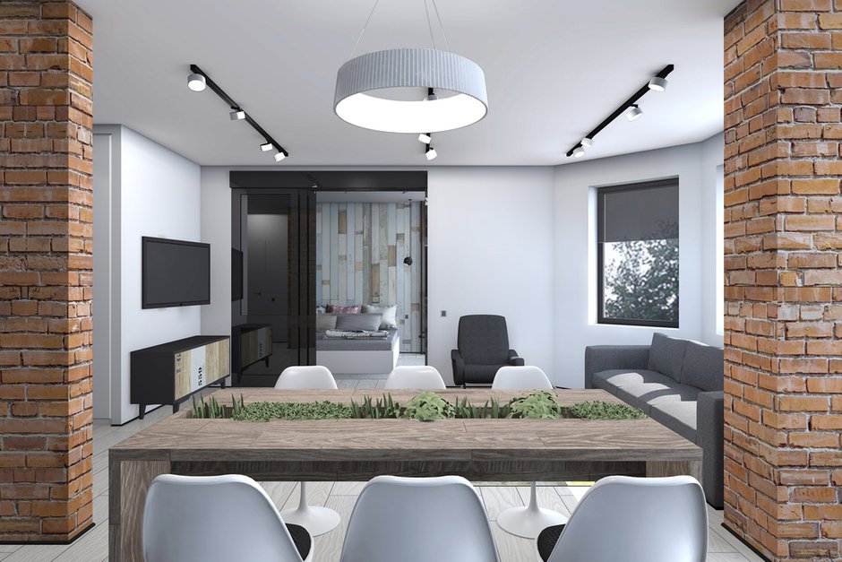 Фотография:  в стиле , Лофт, Скандинавский, Квартира, Россия, Bloomingville, BoConcept, Eames, Проект недели, ИКЕА, Benjamin Moore, Московская область, Cosmorelax, Железнодорожный, Timothy Oulton, Centrsvet, NLXL, Quick Step, Smeg, EllipseBed, Settecento, Sentry, Patchwork Realonda, «Мастерские Братьев НемцеВ», Aplomb, Corrugated, Fine Little Day, Maverick, «Софья», Arflex Lady, Estetica, Лена Добринина, Ира Васильева, «Интерьер-проект.ру», ЖК Леоновский Парк, как обустроить трешку для молодой семьи, интерьер с кирпичной кладкой, квартира с барной зоной – фото на INMYROOM