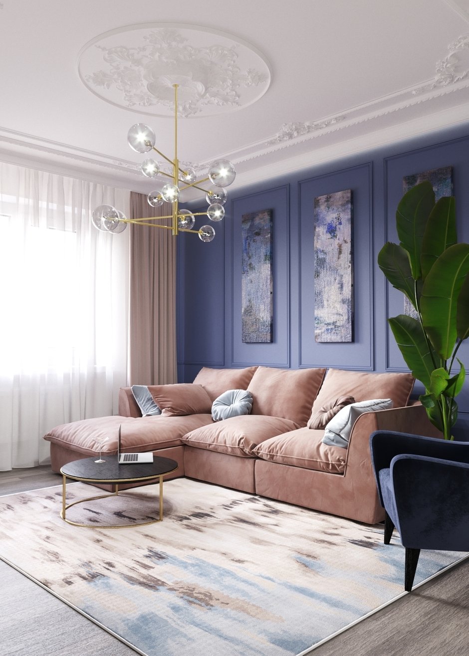 Фотография: Гостиная в стиле Современный, Кухня и столовая, Классический, Квартира, Планировки, Декор, Проект недели, Синий, Серый, Розовый, Голубой, 2 комнаты, 40-60 метров – фото на INMYROOM