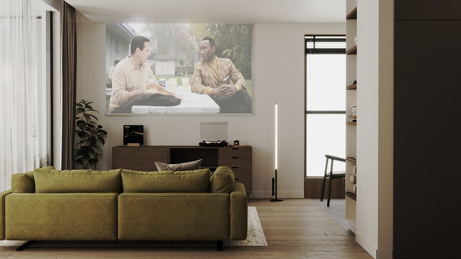 Вместо телевизора разместили выдвижной экран и предусмотрели проектор.