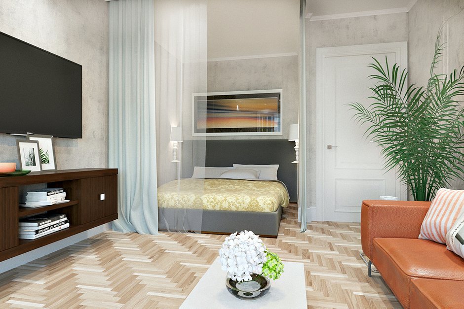 Фотография: Гостиная в стиле Современный, Квартира, Проект недели, Краснодар, Екатерина Кондратюк, Монолитный дом, 1 комната, 40-60 метров – фото на INMYROOM