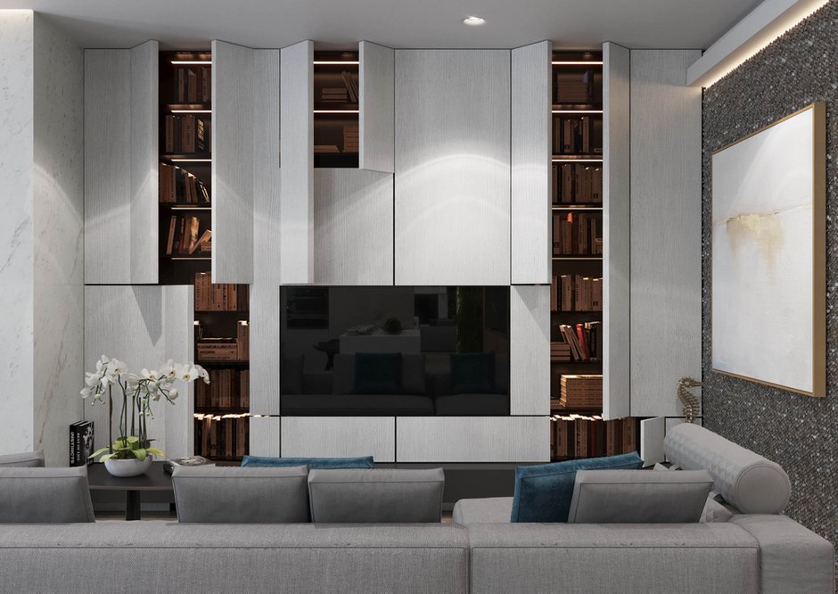 Фотография: Гостиная в стиле Современный, Квартира, Минимализм, Проект недели, Москва, Шамсудин Керимов, Монолитный дом, ЖК «Наследие», 4 и больше, Более 90 метров – фото на INMYROOM
