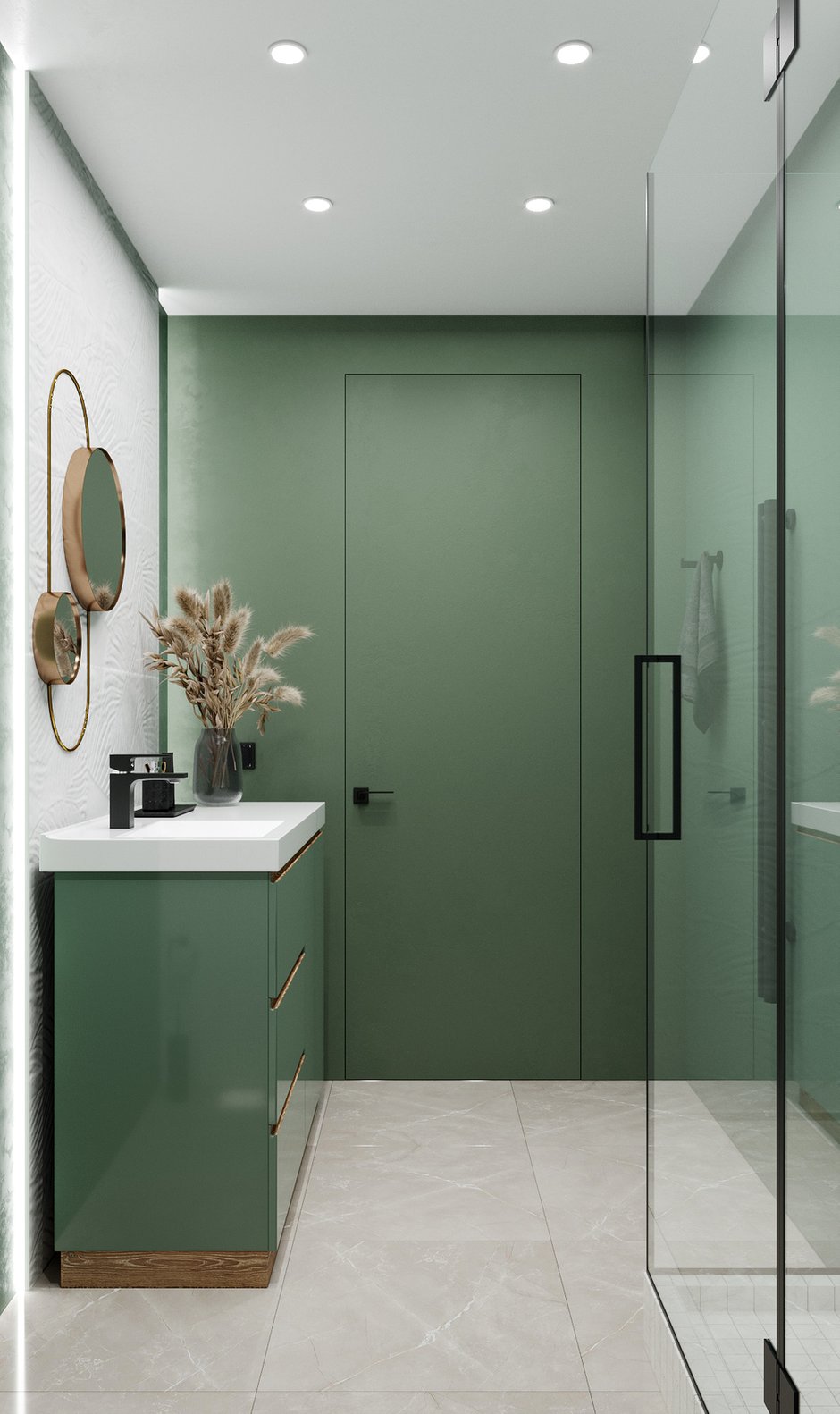 Стены в санузле частично окрашены водостойкой краской Little Greene, стены душевой и за раковиной облицованы керамической плиткой Love Ceramica, а душевой поддон — это мозаика La Paret.