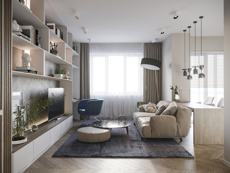 Фотография: Гостиная в стиле Современный, Квартира, Проект недели, Московская область, 2 комнаты, 60-90 метров, Монолитно-кирпичный, Евгения Шилова, Design Rocks, ЖК «Павловский квартал» – фото на INMYROOM