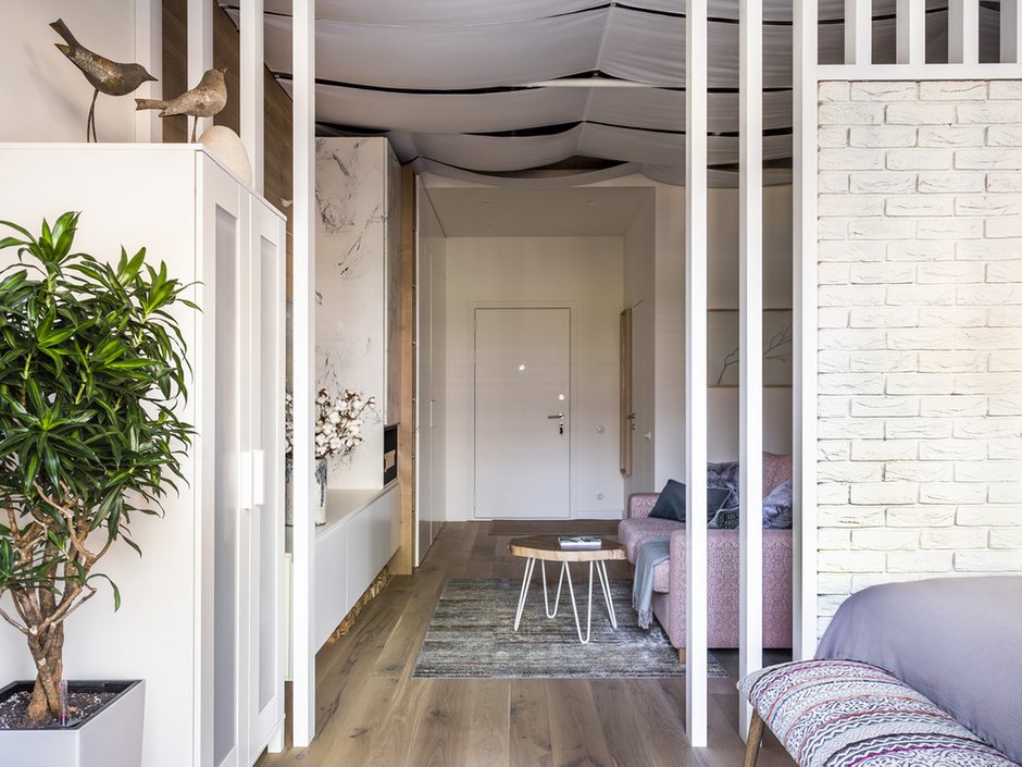 Фотография: Гостиная в стиле Скандинавский, Современный, Квартира, Студия, Проект дня, Москва, Кирпичный дом, до 40 метров, Анна Морозова, ЖК Резиденция композиторов – фото на INMYROOM