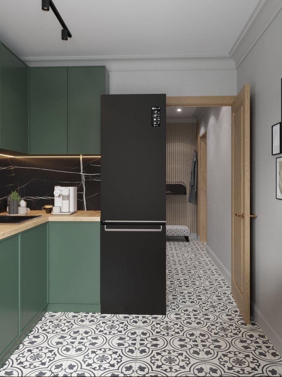 Для кухни и прихожей выбрали единое покрытие, принт добавляет динамики интерьеру.