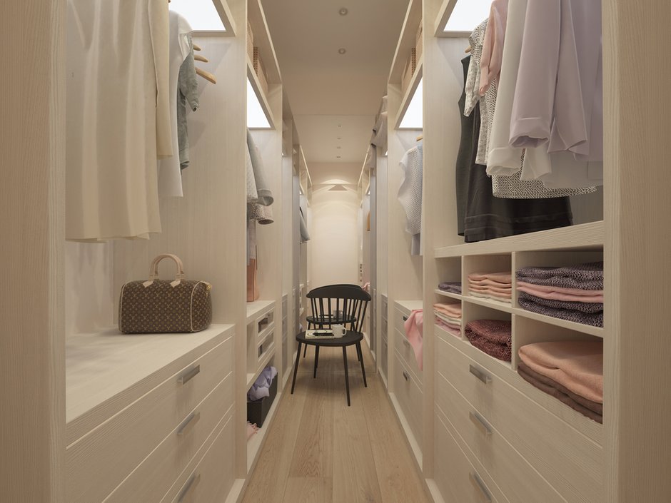 Фотография: Гардеробная в стиле Современный, Скандинавский, Квартира, Проект дня, Москва, Монолитный дом, 3 комнаты, Более 90 метров, Юлия Кандыбей, ЖК «Дом на Мосфильмовской» – фото на INMYROOM