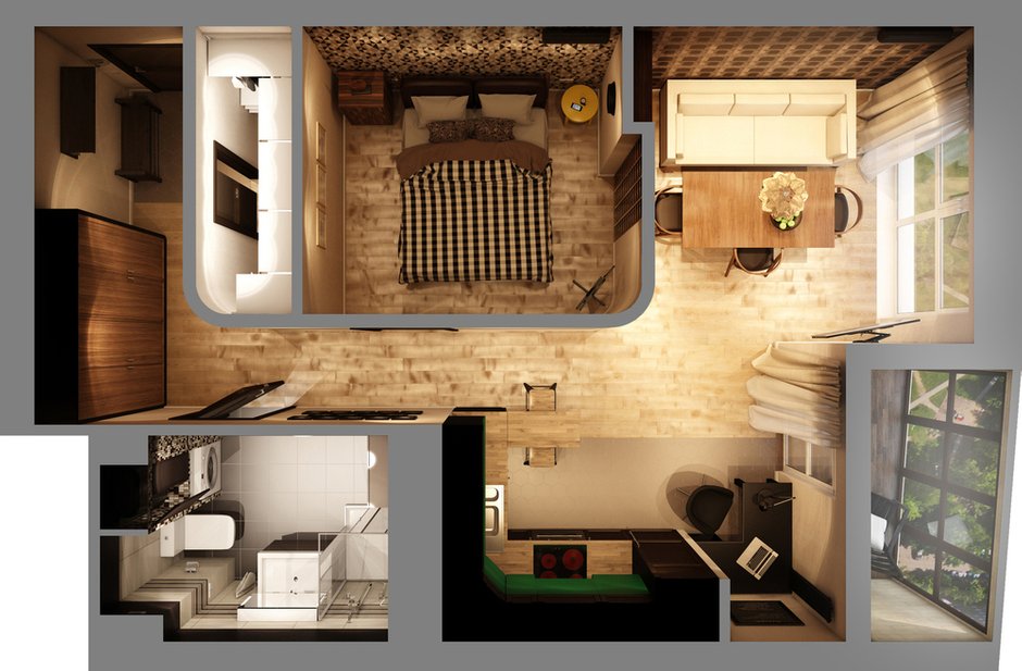 Фотография: Планировки в стиле , Современный, Квартира, Vita, Проект недели, Зеленый, Бежевый, Dulux, Коричневый, Барная стойка, Ideal Lux, ИКЕА, Марина Саркисян, Orac Axxent, Hansgrohe, Roca, Московская область, кухня-гостиная, идеи хранения для санузла, Donolux, стена из стеклоблоков, Мытищи, как обустроить балкон, балкон в квартире, Khroma, обустройство отдельной гардеробной, перепланировка студии, гардероб в однушке, ARTE LAMP, барная стойка на кухне, гардеробная в однушке, кухня-гостиная дизайн, студия в современном стиле, плитка на кухне, современный стиль в интерьере, гардеробная в квартире, зона отдыха на балконе, современные сценарии освещения, как создать современный и модный интерьер, дизайн однокомнатной квартиры, Huppe, кухня-гостиная с барной стойкой, планировка студии, как оформить рабочее место в гостиной, спальня без окна, мужской интерьер, душевая кабина в ванной, организация системы хранения на кухне, как оформить студию для молодого человека, интерьер квартиры для молодого человека, «Огого обстановочка!», Aleluia Ceramicas, Cezar, Bayker – фото на INMYROOM