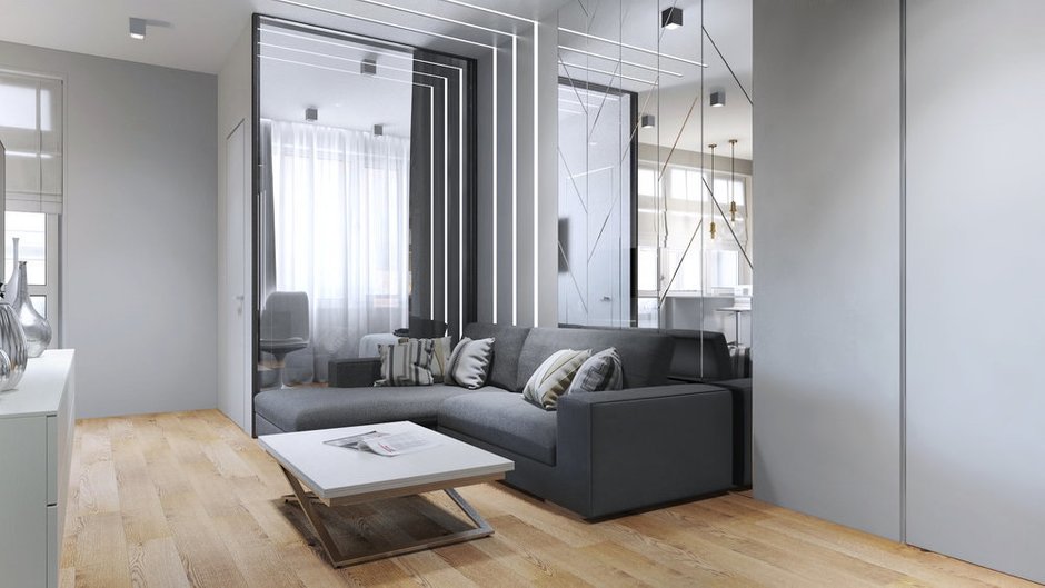 Фотография: Гостиная в стиле Современный, Квартира, Проект недели, Бежевый, Серый, 2 комнаты, 40-60 метров, Олеся Березовская – фото на INMYROOM