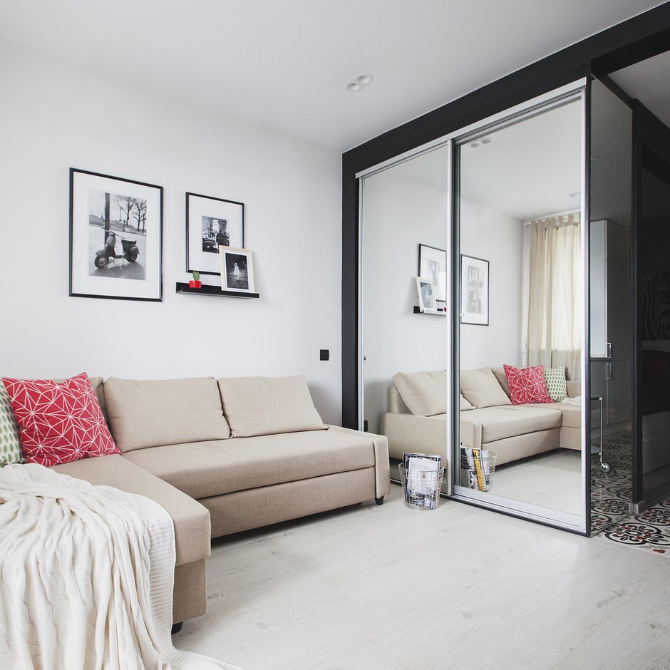 Фотография: Гостиная в стиле Современный, Малогабаритная квартира, Студия, Проект недели, Яна Волкова, Юрий Волков, Реутов, Студия Волковых, до 40 метров – фото на INMYROOM