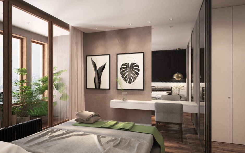 Фотография: Спальня в стиле Современный, Квартира, Проект дня, Москва, Серый, Коричневый, Ольга Погорелова, Монолитный дом, 3 комнаты, Более 90 метров – фото на INMYROOM