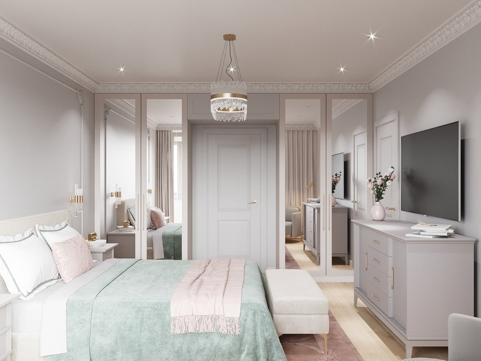 Зеркальные шкафы расширяют пространство комнаты и отражают солнечный свет.