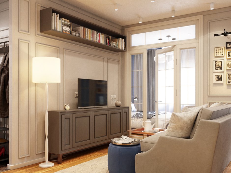 Фотография: Гостиная в стиле Современный, Классический, Квартира, Проект недели, Монолитный дом, 1 комната, 40-60 метров, Екатерина Саламандра, Бюро «Общая Площадь», ЖК «Переделкино Ближнее» – фото на INMYROOM