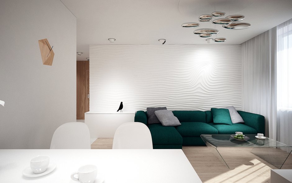 Фотография:  в стиле , Современный, Квартира, Россия, BoConcept, Moooi, Vitra, Белый, Проект недели, Зеленый, Бежевый, Коричневый, Duravit, Grohe, Poliform, Artpole, Apavisa, Centrsvet, Таганрог, Bossini, V&B, Lumen Center Italia, Дмитрий Чащин, как объединить гостиную с кухней, гостиная-кухня дизайн, интерьер трешки, квартира в современном стиле – фото на INMYROOM