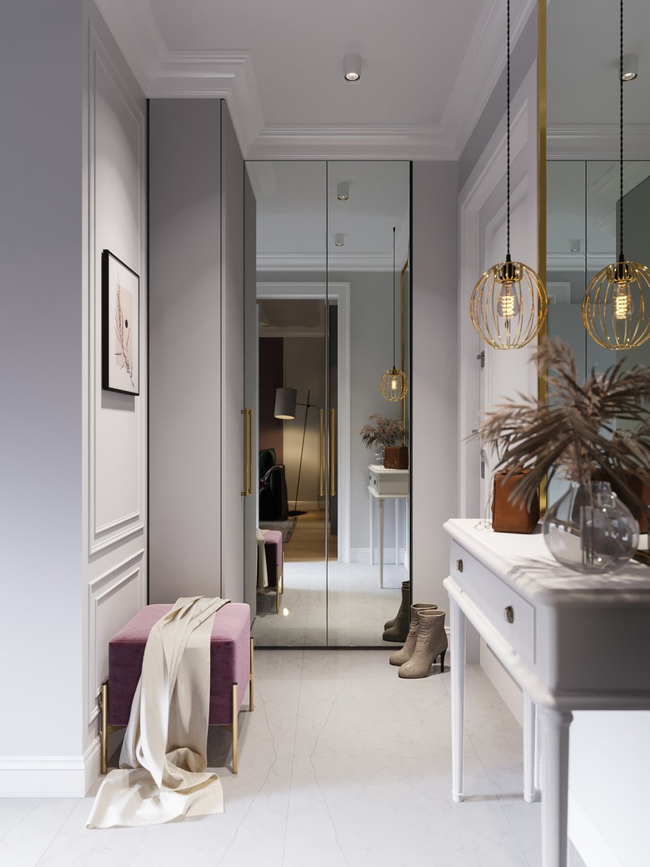 Зеркальные фасады шкафа в прихожей визуально расширяют пространство.