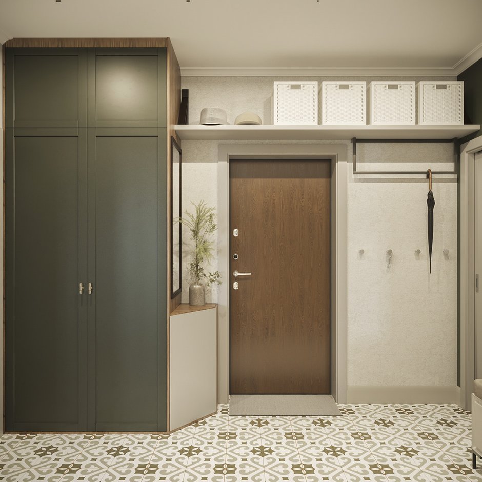 В зоне прихожей совместили закрытые системы хранения и открытые полки и крючки.