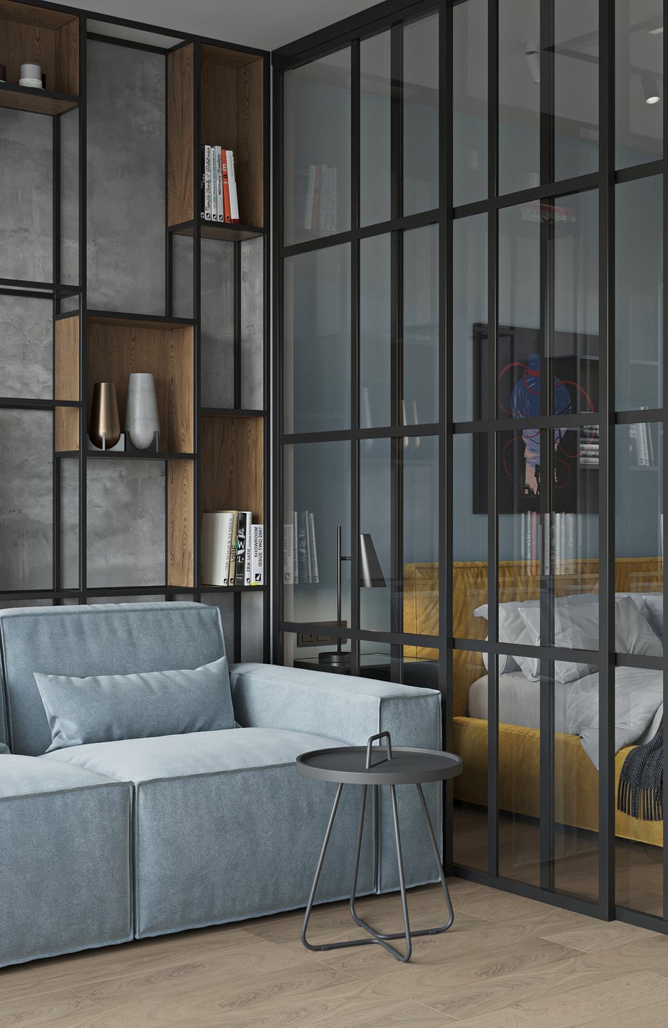 Стеклянные перегородки убивают двух зайцев: являются эффектным элементом в интерьере и зонируют помещение, сохранив легкость и свет.