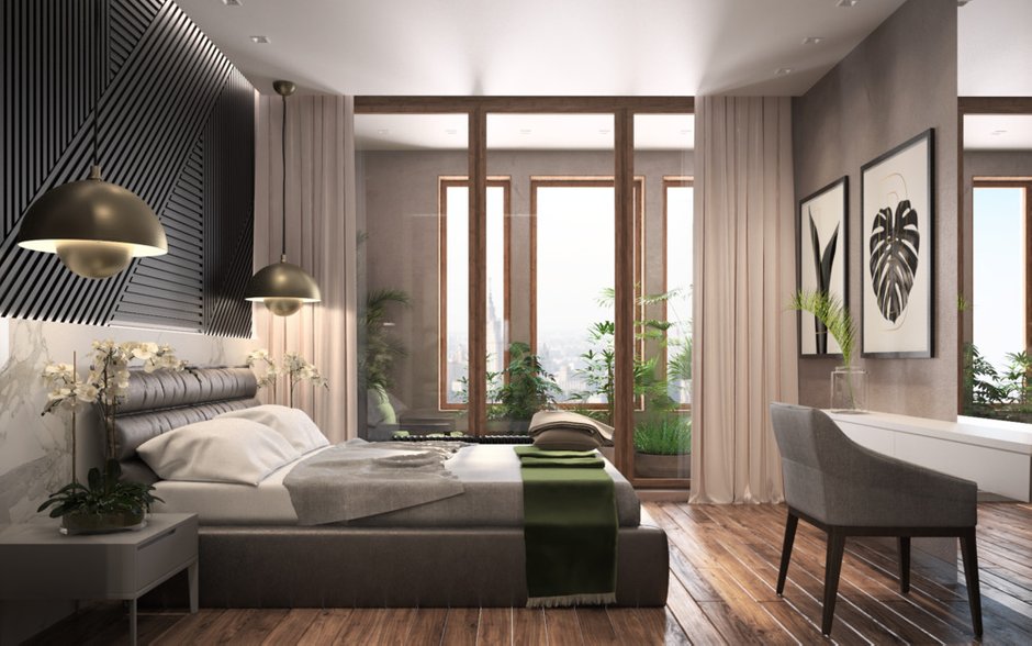 Фотография: Спальня в стиле Современный, Квартира, Проект дня, Москва, Серый, Коричневый, Ольга Погорелова, Монолитный дом, 3 комнаты, Более 90 метров – фото на INMYROOM