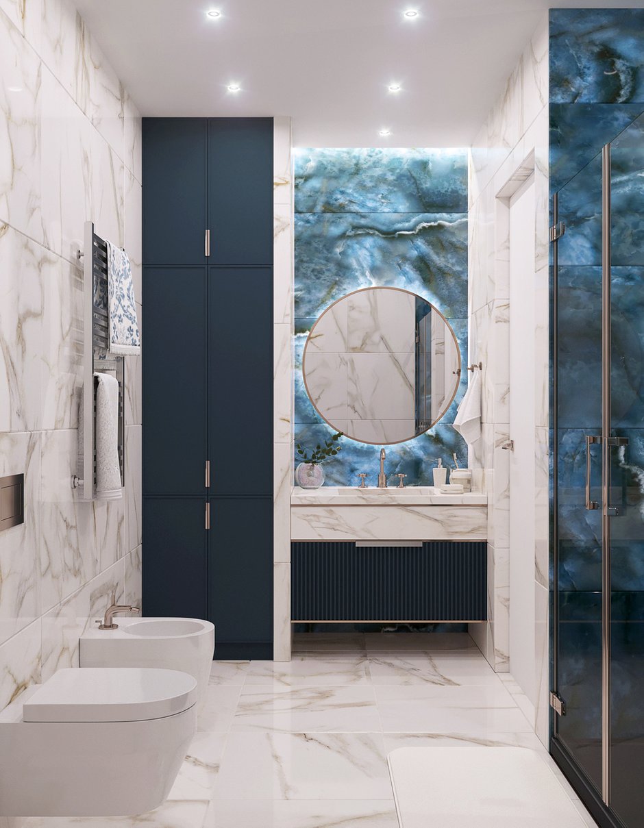В ванной использовали керамогранит из коллекции «Ониче» от Kerama Marazzi, в который заказчик влюбился с первого взгляда. Тумба с раковиной запланирована из мрамора. 