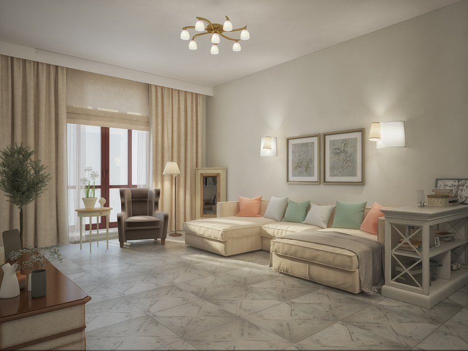 Фотография: Гостиная в стиле Прованс и Кантри, Современный, Квартира, Проект дня, Москва, Степан Бугаев, Победа Дизайна, новостройка, Кирпичный дом, Монолитный дом, ЖК Виноградный, 2 комнаты, 60-90 метров – фото на INMYROOM