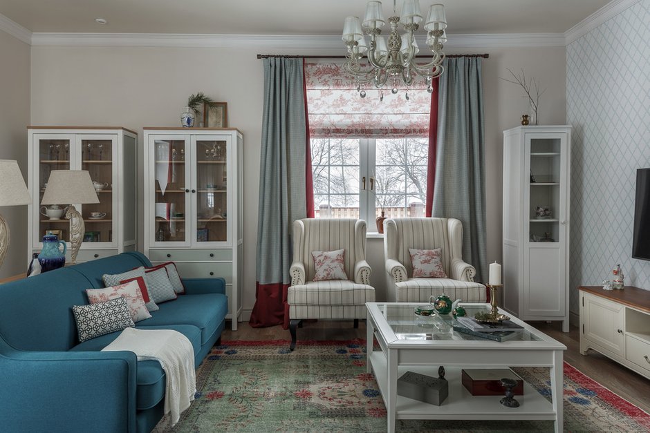 Фотография: Гостиная в стиле Прованс и Кантри, Классический, Современный, Дом, Проект недели, Дом и дача, Таруса, 4 и больше, 60-90 метров, Евгения Лебедева – фото на INMYROOM