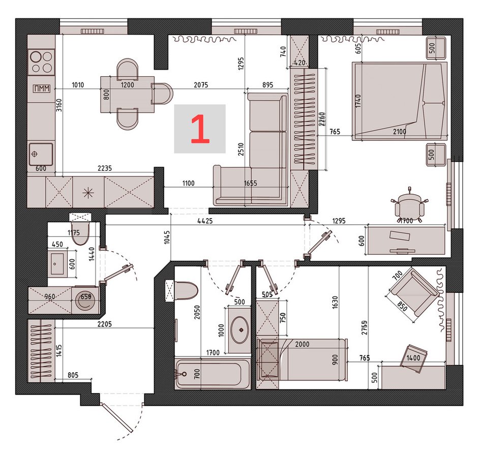 Фотография: Планировки в стиле , Современный, Квартира, Проект дня, Москва, Buro Brainstorm, 3 комнаты, 60-90 метров – фото на INMYROOM