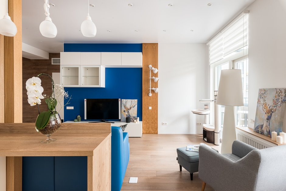 Хозяйка обожает растения и своих двух котов. Для растений предусмотрены специальные полки в зоне кухни и подвесы в спальне. Для котов поставили напольный комплекс в гостиной и сделали навесную конструкцию в спальне.

