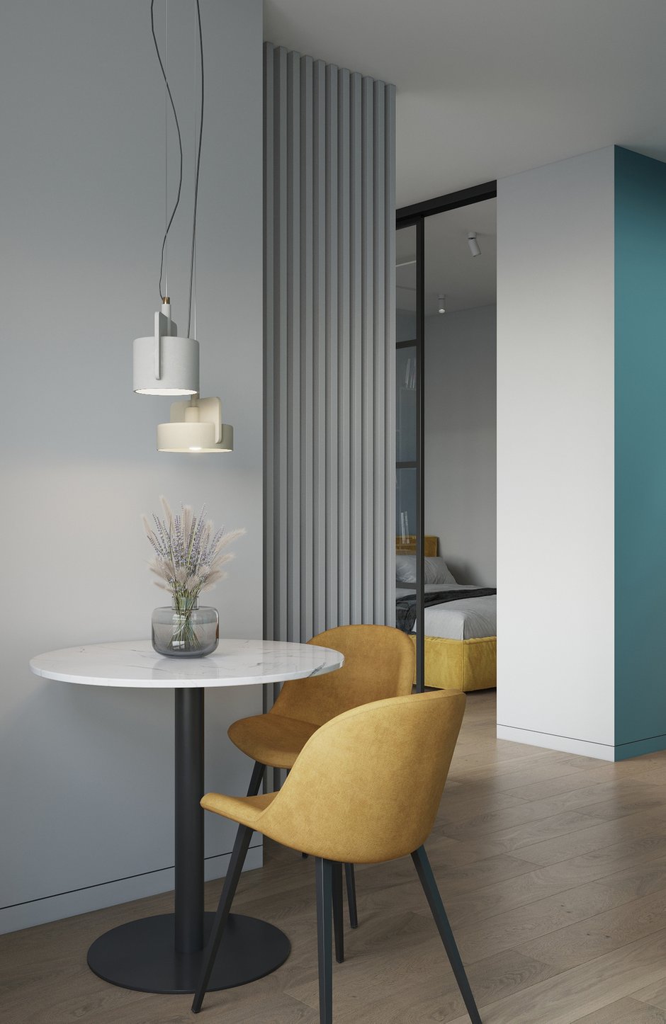 Зонирование помещений выполнили рейками, сохранив легкость в пространстве.