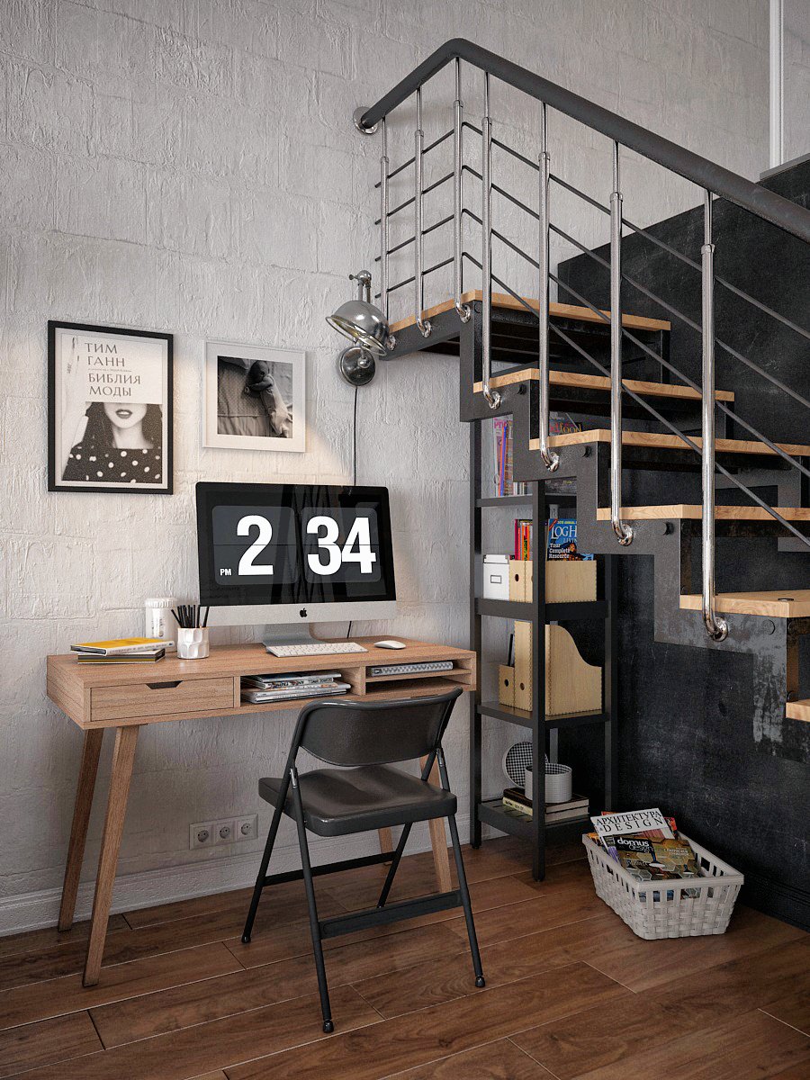 Фотография: Кабинет в стиле Лофт, Скандинавский, Квартира, Студия, Проект дня, Мансарда, Сочи, Кирпичный дом, Мария Панченко, 40-60 метров – фото на INMYROOM