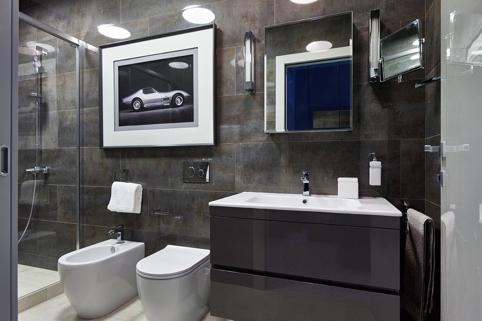 Фотография: Ванная в стиле Современный, Квартира, Белый, Проект недели, Москва, Синий, Серый, Голубой, Монолитный дом, 2 комнаты, Более 90 метров, ААarchitect – фото на INMYROOM