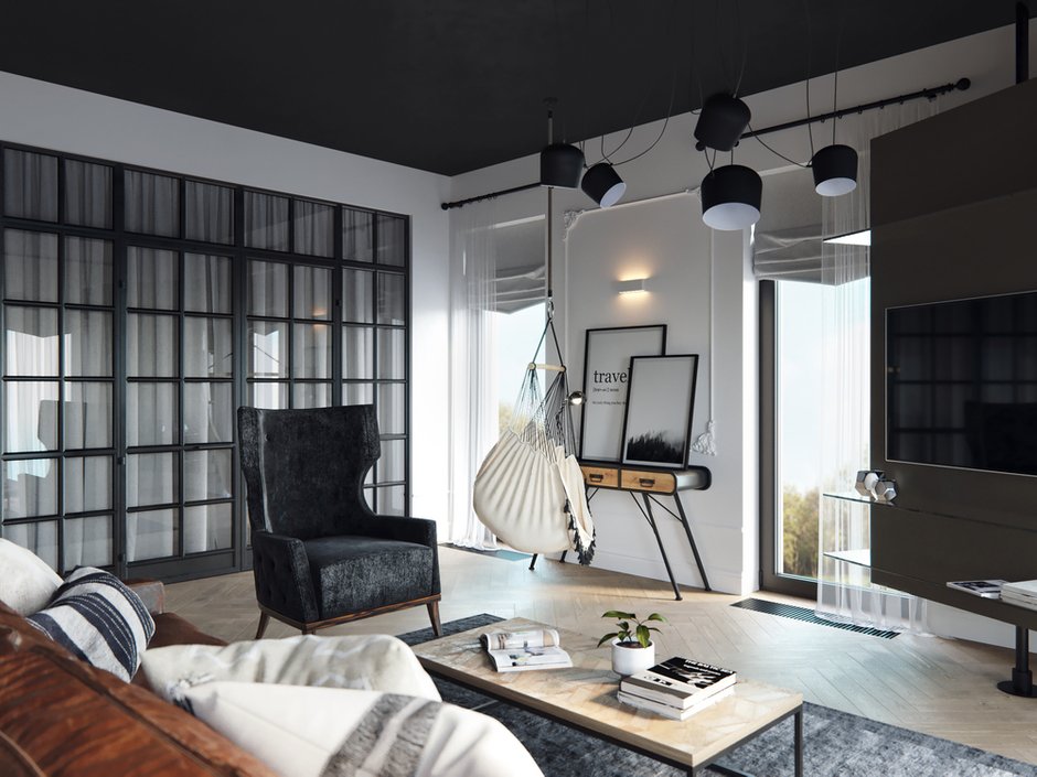 Фотография: Гостиная в стиле Лофт, Эклектика, Квартира, Минимализм, Проект дня, Черный, Подмосковье, дерево в интерьере, инженерная доска, черный потолок в интерьере, 2 комнаты, 60-90 метров, Монолитно-кирпичный, Анна Сухая, коттеджный поселок Западная Долина – фото на INMYROOM