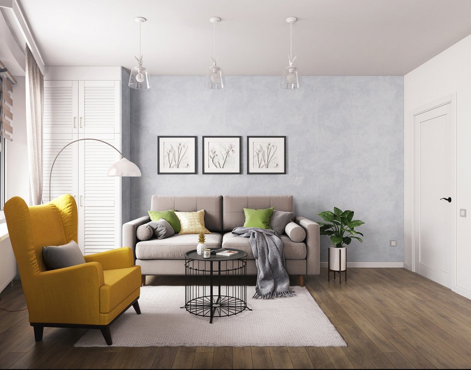 Фотография: Гостиная в стиле Современный, Скандинавский, Квартира, Проект недели, Санкт-Петербург, Монолитный дом, 2 комнаты, 60-90 метров, Наталья Снопкова – фото на INMYROOM