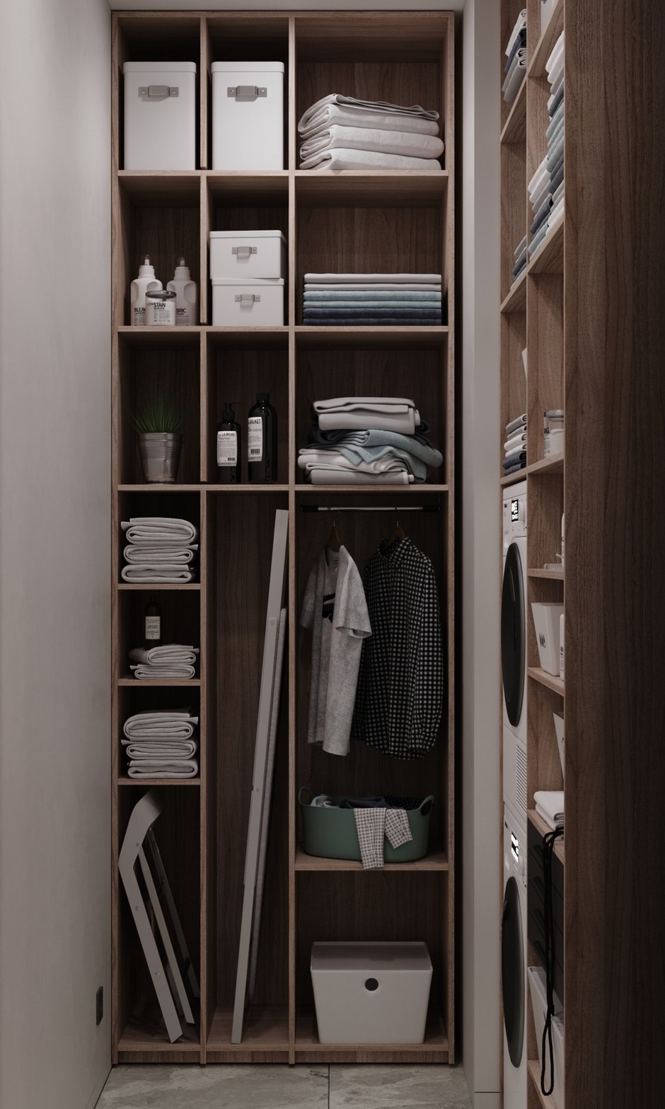 В постирочной продумана система для хранения хозинвентаря, там же будут располагаться стиральная и сушильная машины в колонне, а рядом разместится шкаф для хранения.