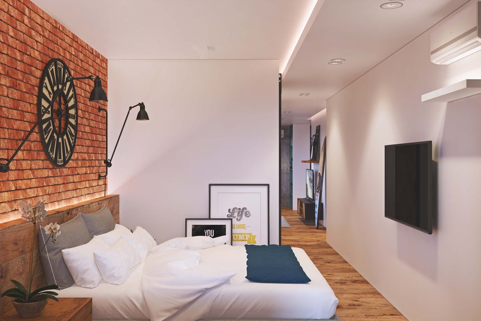 Фотография: Спальня в стиле Лофт, Квартира, Проект недели, Одинцово, Geometrium, Московская область, Монолитный дом, 2 комнаты, 60-90 метров – фото на INMYROOM