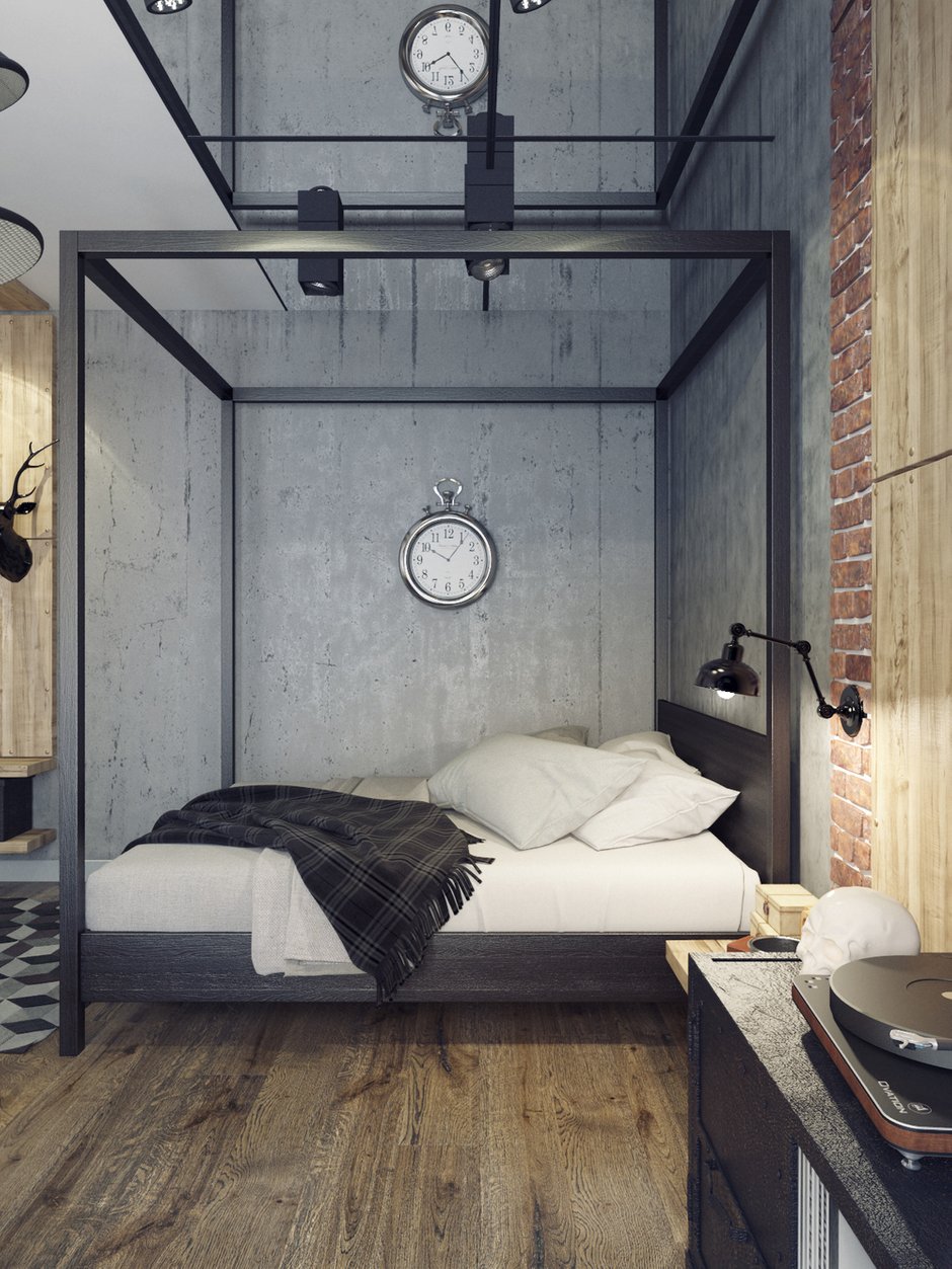 Фотография: Спальня в стиле Лофт, Квартира, Планировки, Аксессуары, Bober & Decor, Loft Art, Vita, Мебель и свет, Проект недели, ИКЕА, Подмосковье, Филипп Шутов, Екатерина Шутова, KAMROCK, Cosmorelax, LG, Markslojd, Мытищи, Ля Нэж, Дива, Полимерметалл, Progress Plast, Termosmart, IFO, Melana, Rondine Group RHS, Halcon, Samsung, Moonzana, Apavisa, Prof Decor, Art Shutters, Letta, Perspective, студия для холостяка, лофт в Мытищах, амбарные двери, квартира изогнутой формы – фото на INMYROOM