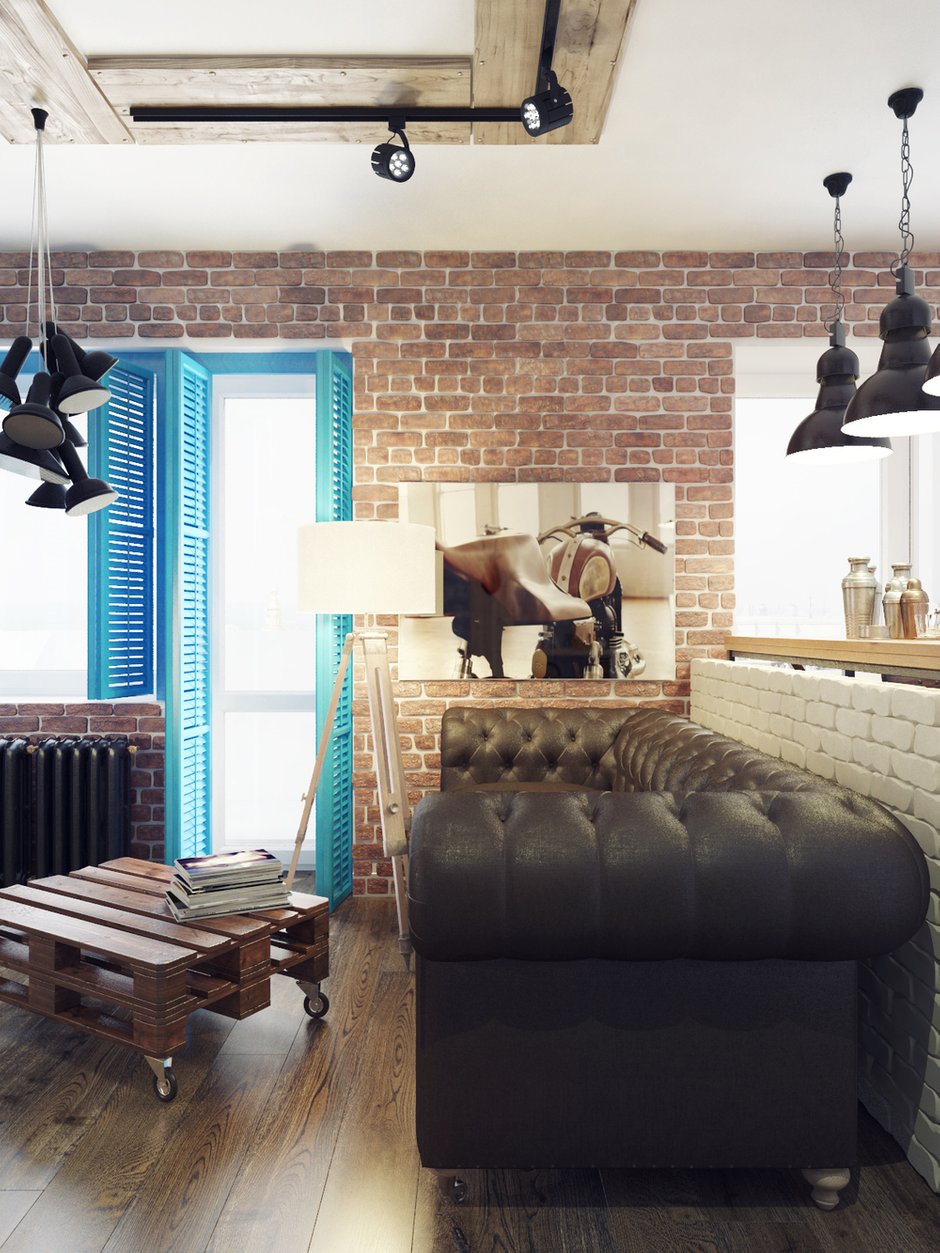Фотография: Гостиная в стиле Лофт, Квартира, Планировки, Аксессуары, Bober & Decor, Loft Art, Vita, Мебель и свет, Проект недели, ИКЕА, Подмосковье, Филипп Шутов, Екатерина Шутова, KAMROCK, Cosmorelax, LG, Markslojd, Мытищи, Ля Нэж, Дива, Полимерметалл, Progress Plast, Termosmart, IFO, Melana, Rondine Group RHS, Halcon, Samsung, Moonzana, Apavisa, Prof Decor, Art Shutters, Letta, Perspective, студия для холостяка, лофт в Мытищах, амбарные двери, квартира изогнутой формы – фото на INMYROOM