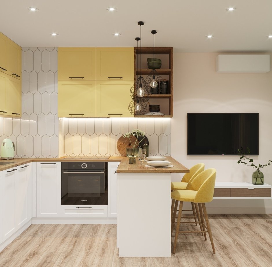 Напольное покрытие в прихожей, кухне-гостиной и в спальне — ламинат, в санузле — керамогранит. На стенах во всех помещениях, кроме санузла — гладкие обои под покраску. Потолки во всех помещениях — натяжное полотно белого цвета.