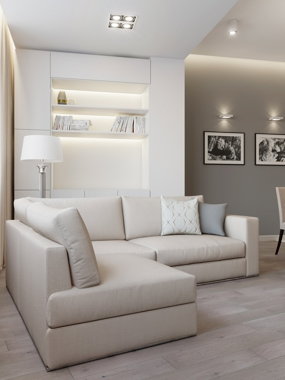 Фотография: Гостиная в стиле Современный, Квартира, Проект недели, Москва, Монолитный дом, 2 комнаты, 60-90 метров, Анна Русскина, ЖК  «Белый парк-2» – фото на INMYROOM