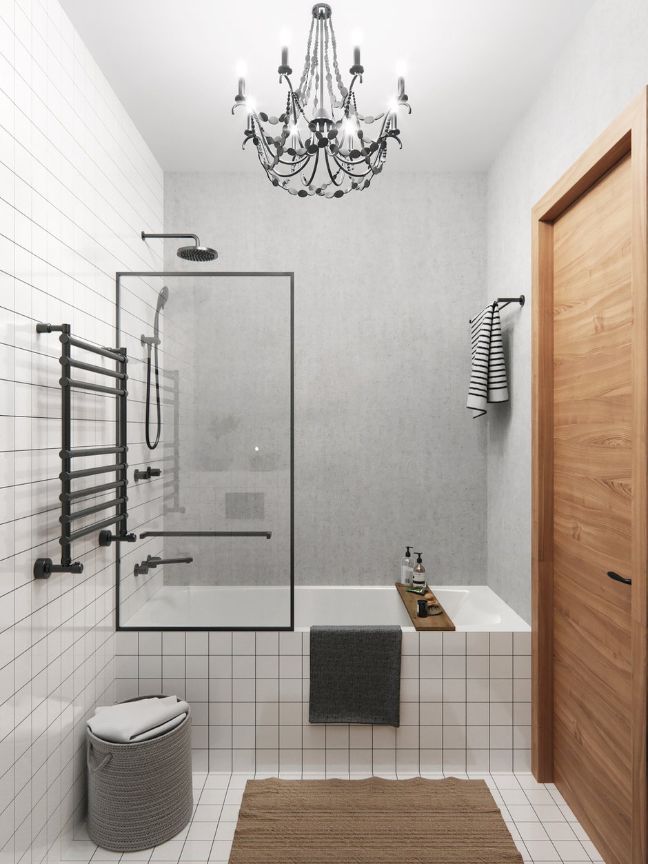 Фотография: Ванная в стиле Минимализм, Лофт, Эклектика, Квартира, Проект дня, Черный, Подмосковье, дерево в интерьере, инженерная доска, черный потолок в интерьере, 2 комнаты, 60-90 метров, Монолитно-кирпичный, Анна Сухая, коттеджный поселок Западная Долина – фото на INMYROOM