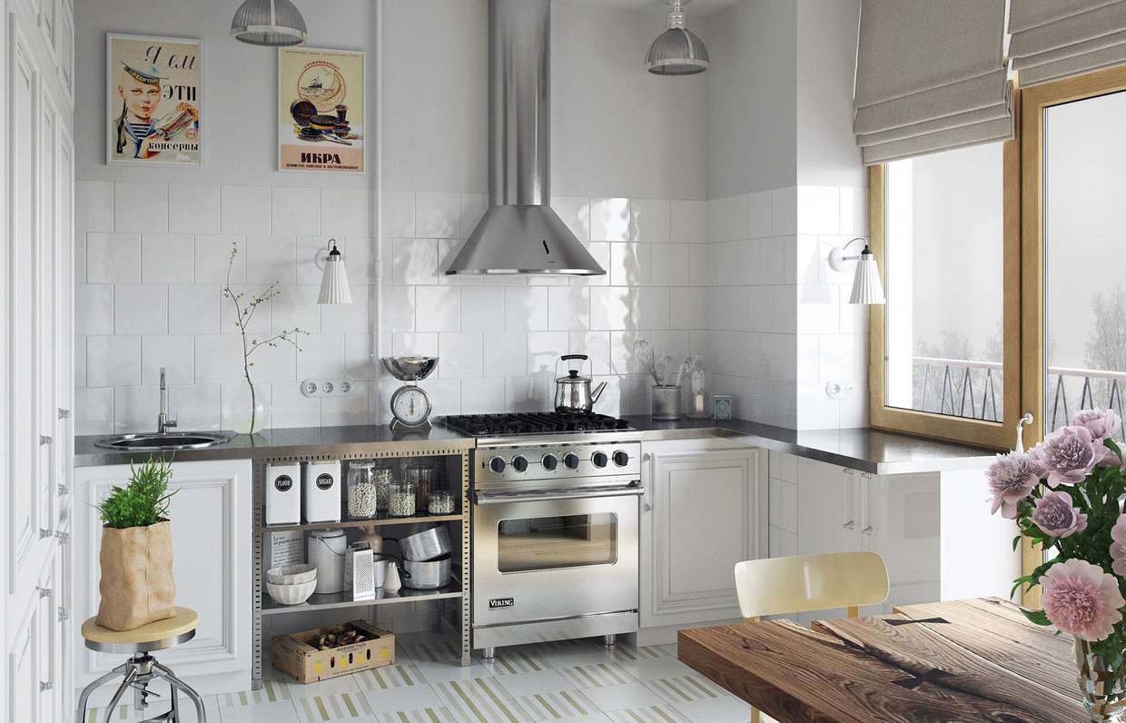 Кухня в скандинавском стиле с печкой