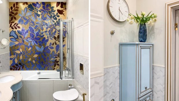 Мозаичное панно и красивая мебель в 
 ванной комнате 4,9 м²