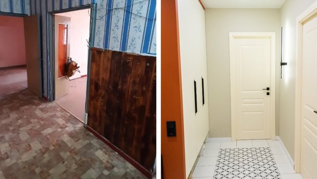 Яркая прихожая 9 м² с неудобной планировкой (фото до и после)